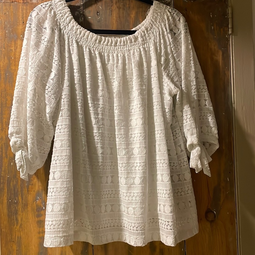 Chico's Eyelet Lace Overlay 3/4 Sleeve Scoop Neck Top White SizeL, Chico's 2